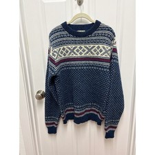 LL Bean Vintage Mens Medium Blue Nordic Fair Isle Wool Blend Sweater Made in USA