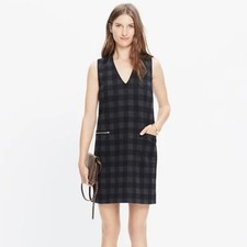 Madewell Buffalo Check Jumper Dress Black Gray Sleeveless XXS Mini Wool Blend