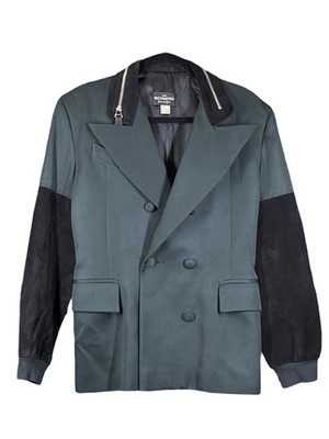 Vintage John Richmond Woman Green/Black Leather Sleeves Button Blazer Jacket MED