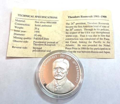 1998 American Mint Theodore Roosevelt USA Presidents Silver Proof 9999 Medal