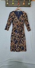 Chaps Dress Women's Small Navy Gold Foil Wrap 3/4 Sleeve V-Neck Tie Waist Midi
