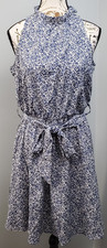 BTFBM Halter Dress Womens M Blue White Floral Sleeveless Belted Waist Swing Hem
