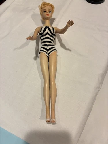 Vintage BLONDE BARBIE DOLL Black White Bathing Suit White Shoes and Stand