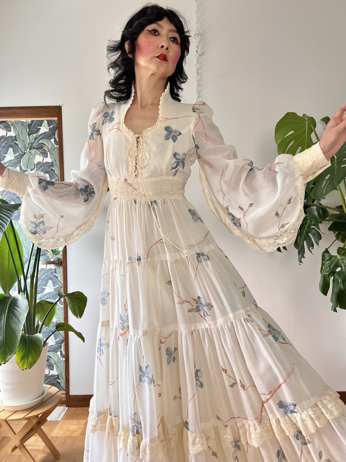 RARE VTG 70s Gunne Sax Dogwood Lace Up Corset Balloon Sleeve Prairie Maxi Dress image 7