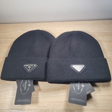 PRADA Knit Logo Beanie Hat One Size Black Two Unisex Hats