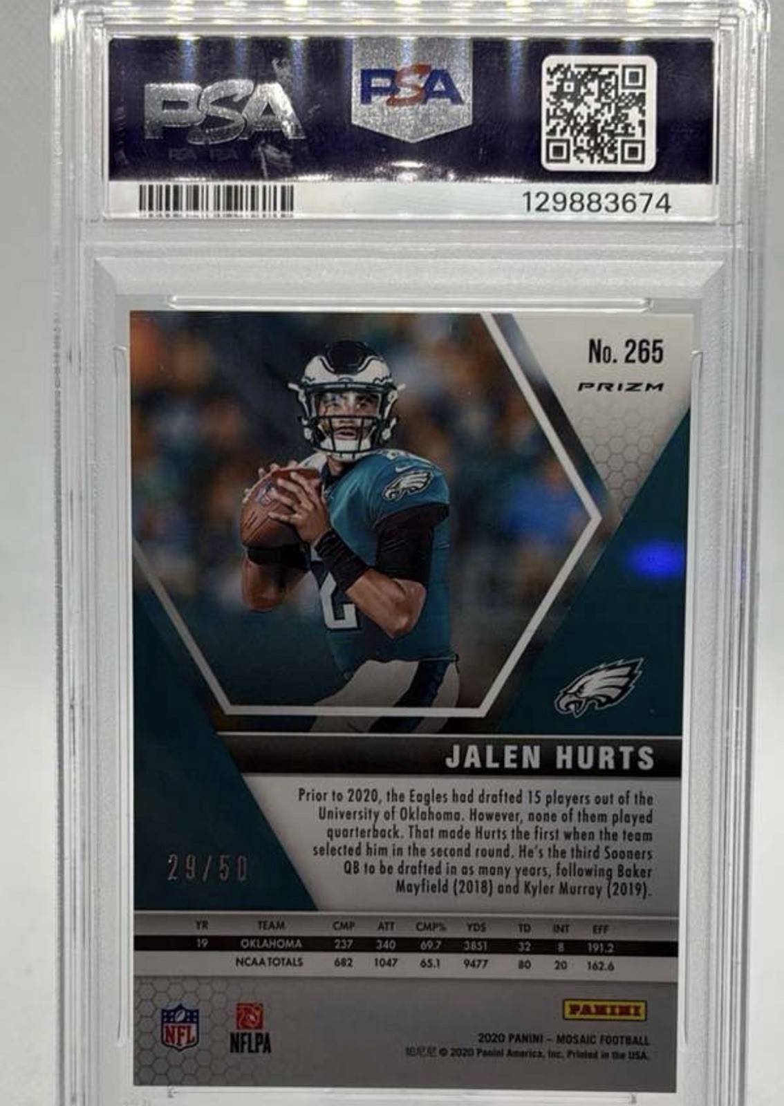 2020 Panini Mosaic No Huddle Purple #265 Jalen Hurts PSA 10 /50 view 2