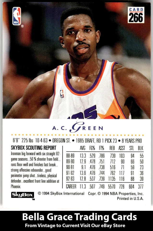 1993-94 SkyBox Premium A.C. Green #266 Phoenix Suns NBA Basketball - Image 2 of 2