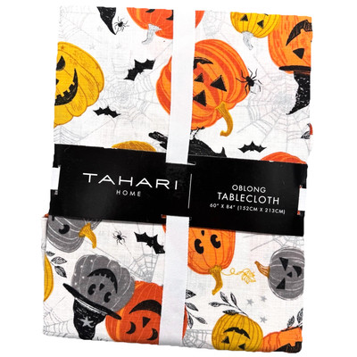 Tahari Halloween Pumpkin Tablecloth 60x84 Silver Spiderwebs Sparkle Spider Bats