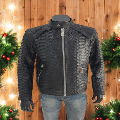 Men s Black Crocodile Print Leather Biker Jacket, Handmade Slim Fit Coat