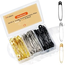 50 PCS Large Safety Pins Assorted, Silver and Black Silver, Black, Gold 