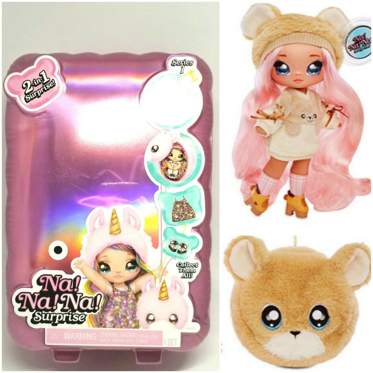 NEW Na Na Na Surprise doll SARAH SNUGGLES Teddy Bear Pink Hair Fur