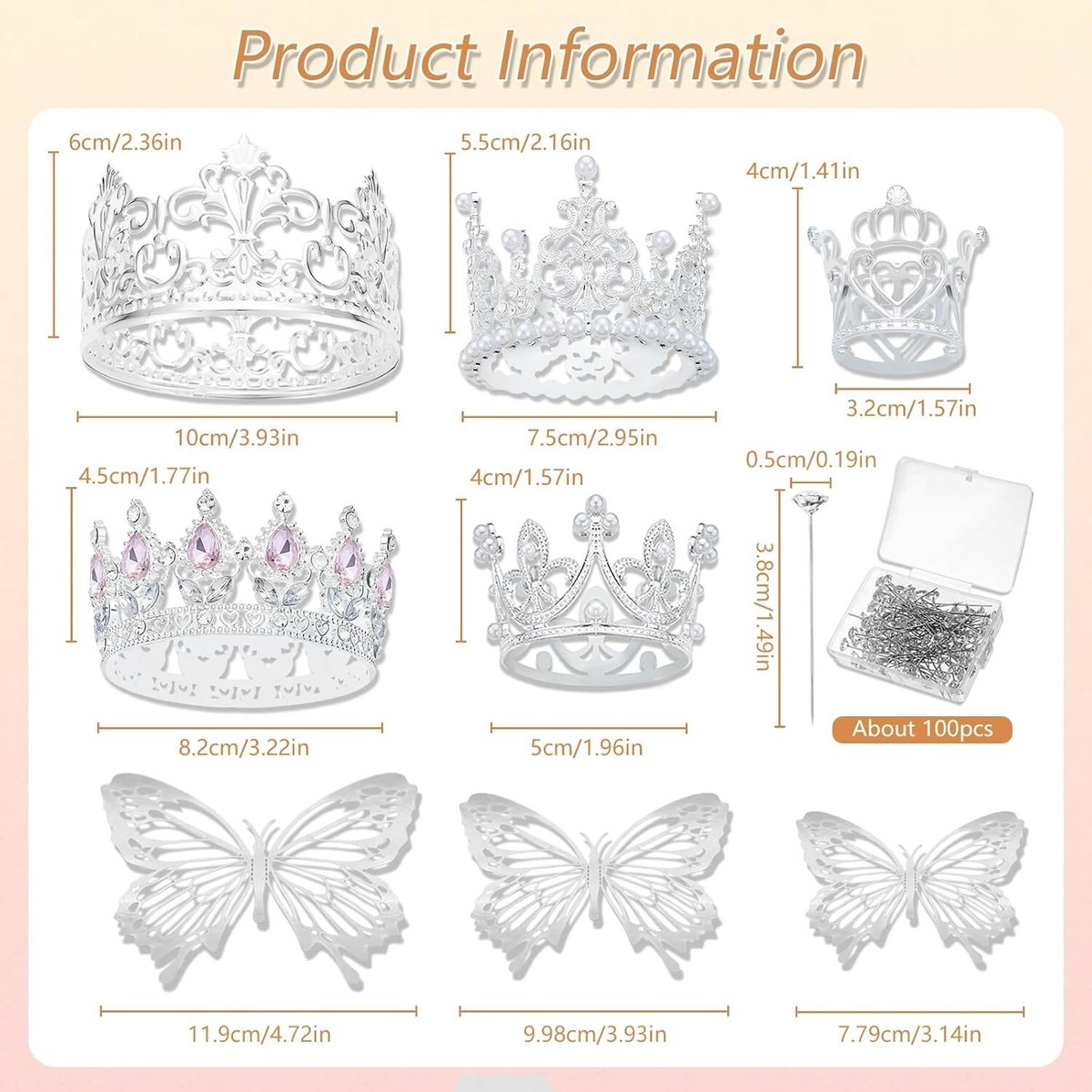 TIHEBAX 136-Piece Gold Flower Bouquet Set - Includes 5 Mini Crowns, 24 Butterflies, 100 Flower Pins For Wedding, Birthday, Baby Shower Decor & Cake Toppers - View #5