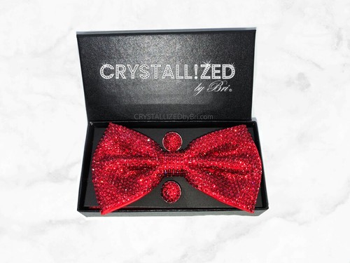 Bling Bow Tie Set AUSTRIAN CRYSTALS Men Cufflinks Pocket Square Bedazzled Custom - Picture 4 of 20