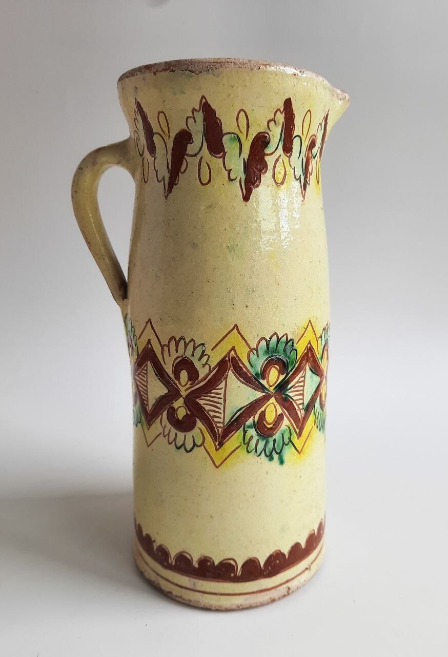 Vintage Jug Ukrainian Hutsul Art Pottery Kosiv Painted Ceramics Hutsul