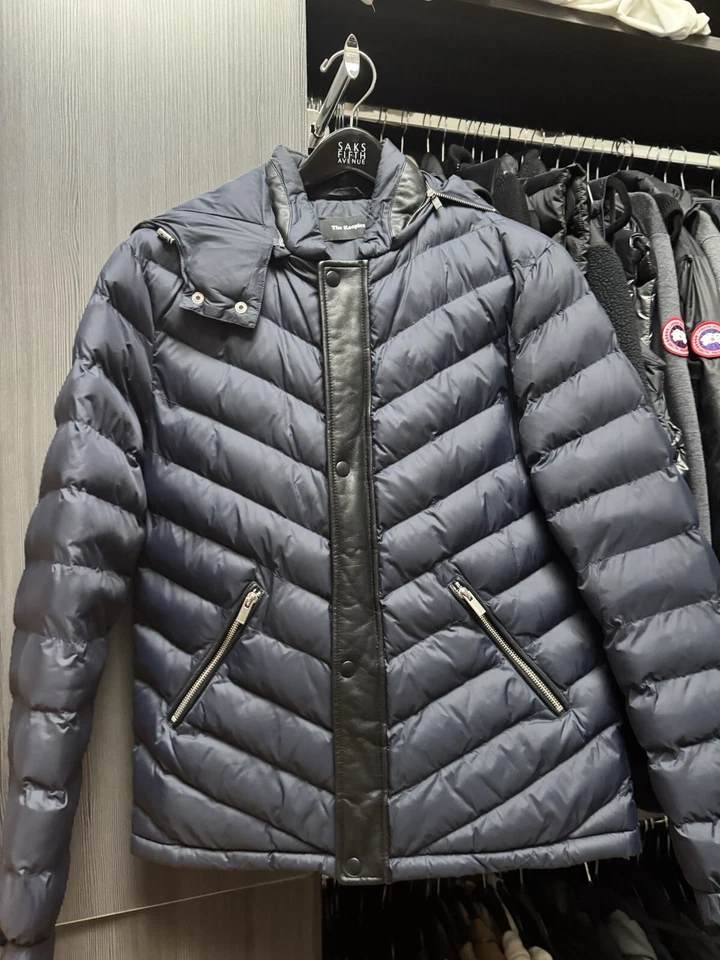 THE KOOPLES Mens Down Quilted Puffer Jacket Coat Leather Trim Navy Small - Image 3 of 4