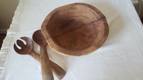 Set de ensalada de tazón de madera vintage hecho a mano decoración de granja exhibición primitiva 12" España - Imagen 4 de 10