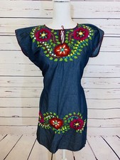 Ethnic Denium Mexican Hand Embroidered Dress Size S