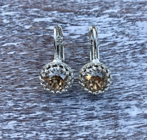 Crystal Leverback Earrings Silver Plate Fashion Made W/ Swarovski Golden Beige - Picture 5 of 5