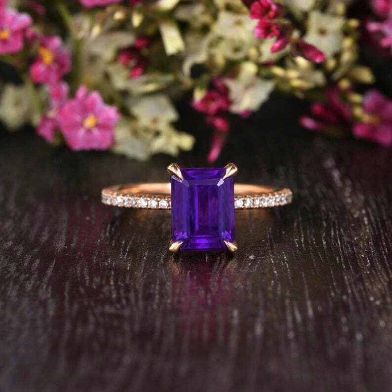 Anillo solitario de diamantes y amatista natural de 1,2 quilates con detalles de oro rosa sólido de 14 k Foto 4 de 4