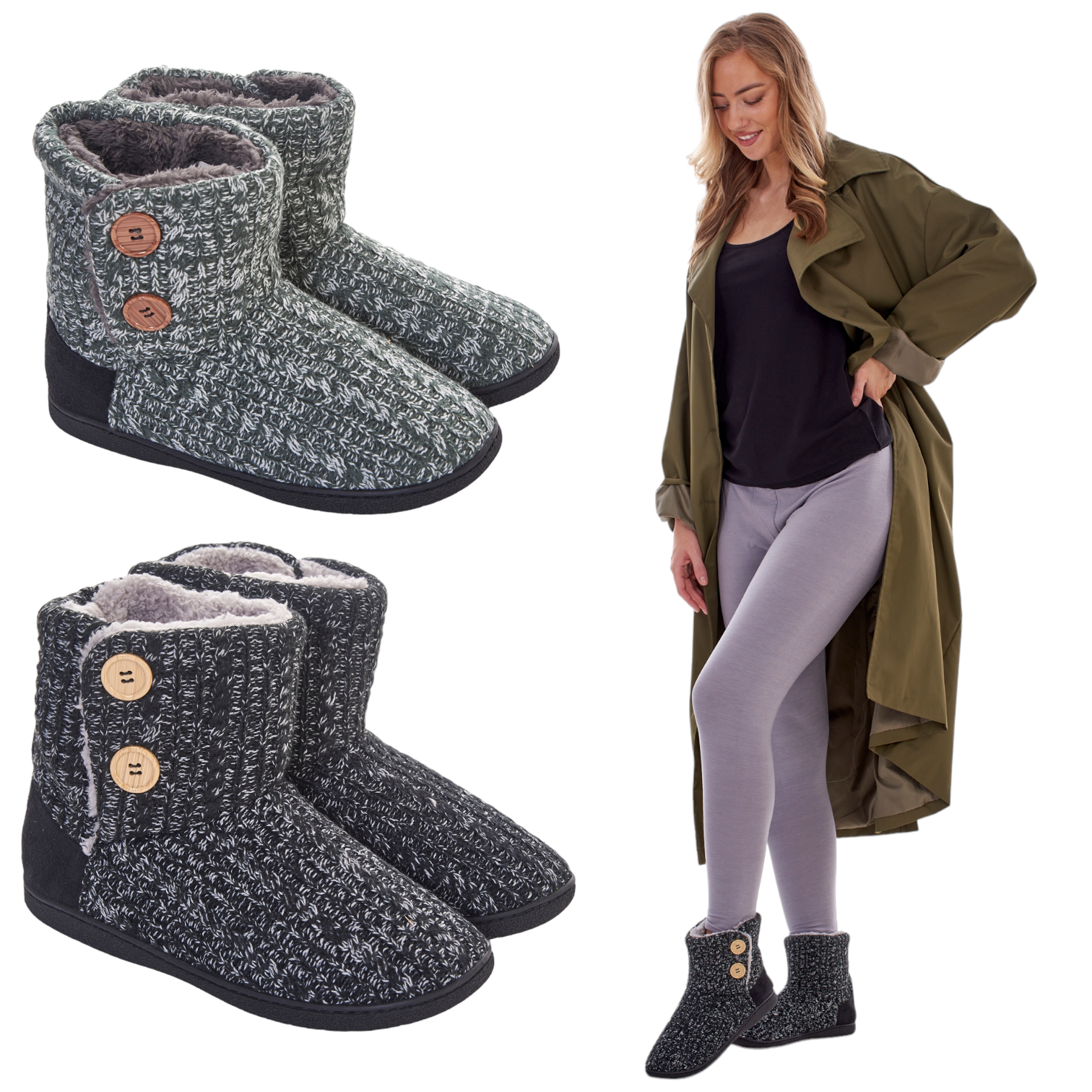 SAOLA Pantofole Donna Cablate Maglia Stivaletti Foderati Pelliccia Finta Boot Suola Memory Foam