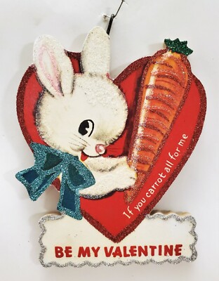 WHITE RABBIT w CARROT & RED HEART * Glitter VALENTINE ORNAMENT * Vtg Img