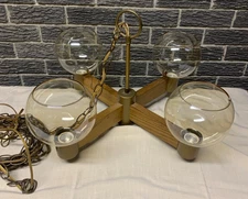 Vintage MCM Wood and Brass Tone Hanging Ceiling Light with Smoked Glass Shades