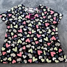 Scrubstar Fashion Collection Heart Print V-Neck Scrub Top Black Large NWT