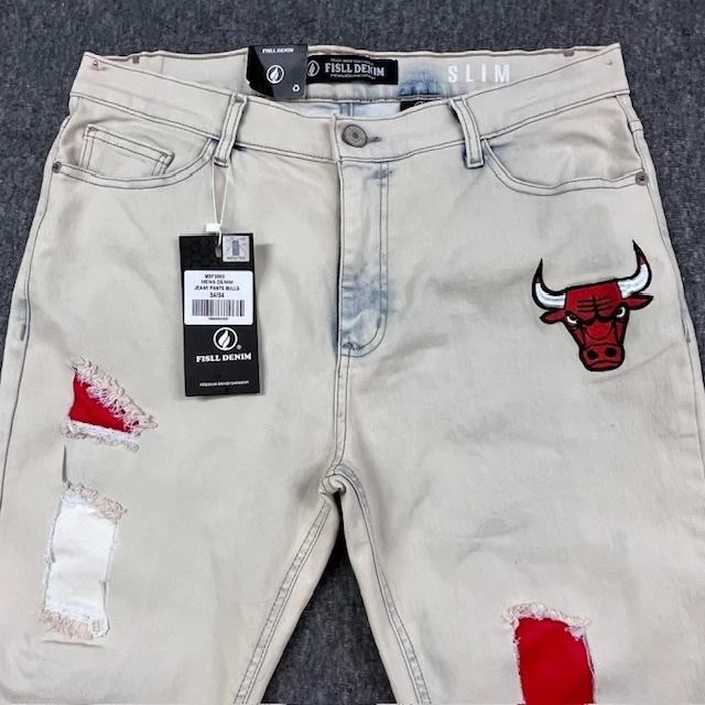 Pantalones de mezclilla Chicago Bulls Fissl para hombre 34x34 beige desgastado ajustados baloncesto de la NBA - NUEVOS Foto 2 de 4