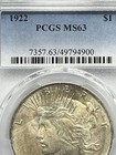 1922 Toned PCGS MS 63 Peace Dollar Silver $1 Business Strike Uncirculated — photo 4