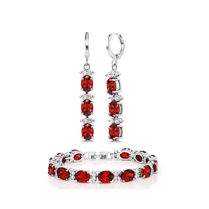 Sterling Silver Red Ruby Bracelet and Oval Dangle Earrings Set 7 Inch  