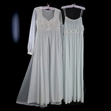 2pc Vintage 60s SHEER Nylon PEIGNOIR Set CHIFFON Nightgown LONG Gown Teal  M/L