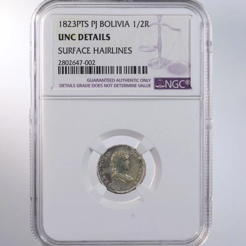 1823PTS PJ Bolivia 1/2R NGC Certified UNC Details Surface Hairlines