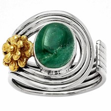 Two Tone Adjustable Flower Green Aventurine 925 Silver Ring s.7.5 Jewelry R-1491