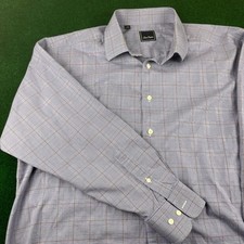 David Donahue Blue Plaid Dress Shirt Mens 18 34/35 100 Cotton Long Sleeve