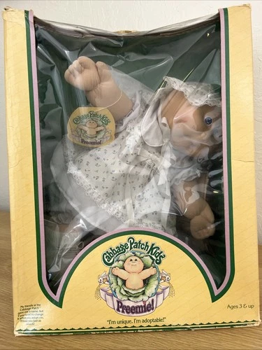 Cabbage Patch Preemie Doll 1984 Vintage White Dress With Blue Flowers And Bonnet