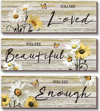 3 Pcs Yellow Bathroom Decor Yellow Daisy Floral Wooden Wall Decor Positive Quote