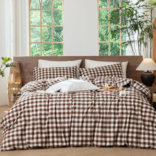 Gingham Duvet Cover Set 100 Washed Cotton Linen like Textured Breathable Durabl
