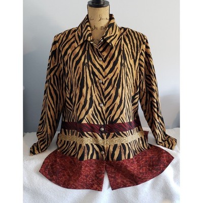 Silver Threads Safari Print Blouse Size Large Extra Long