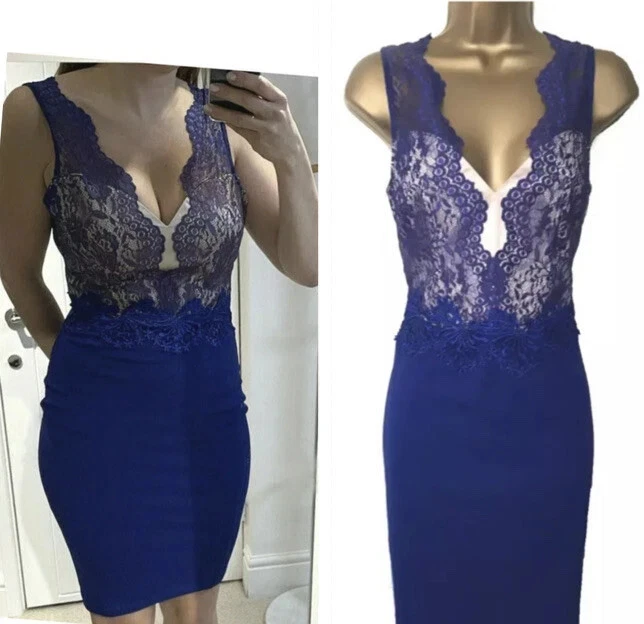 Lipsy Blue Cream Bodycon Dress 14 UK Lace Party Occasion Evening Wedding Xmas - Image 3 of 4