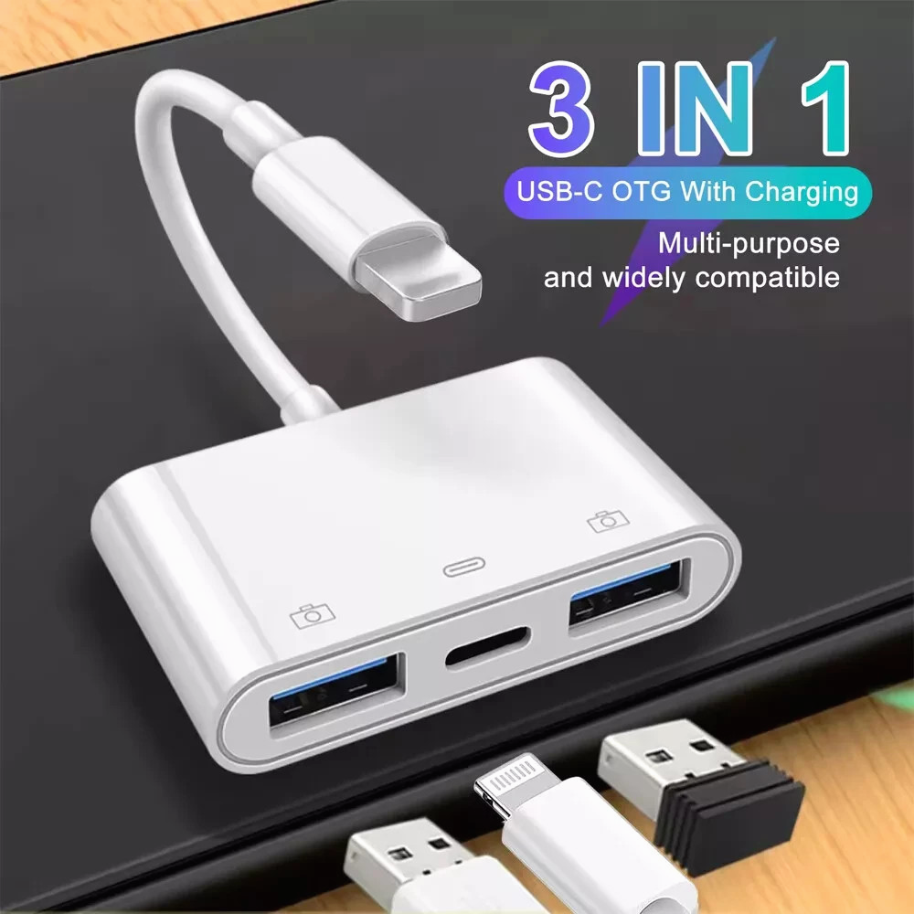 For iPhone to dual USB 3.0 Camera OTG Adapter with Charging Port for iPad New