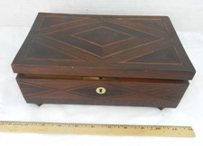 Antique Hand Made Wooden Art Jewelry Box w/ Fabric Insert Tramp Art Etc !
