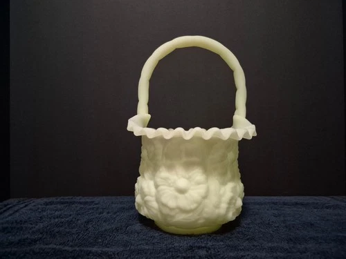 Fenton Ruffled Poppy Basket Satin Yellow Custard Uranium Glass 10" 1960 Vintage