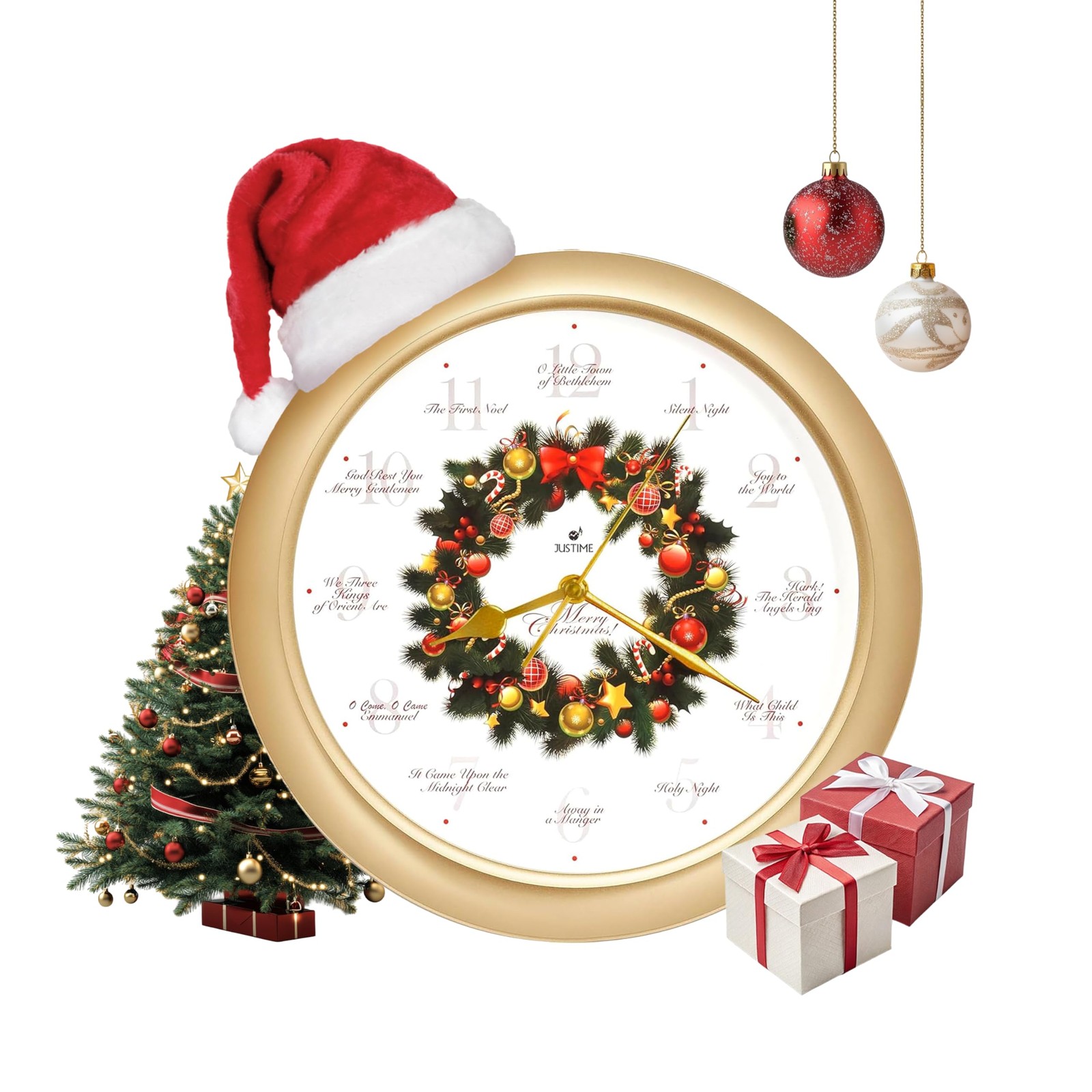 14-inch Gold Christmas Wreath Melody Wall Clock with 12 Carols