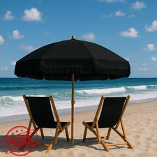 Punchau 6ft Patio Umbrella Boho Vintage Wood Print Fringe Tassel Tilt