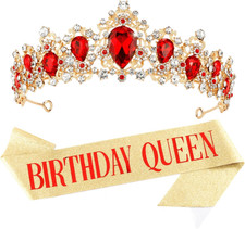 Red and Gold Birthday Queen Crown for Women Prom Queen Sash and Tiara Set Birthd