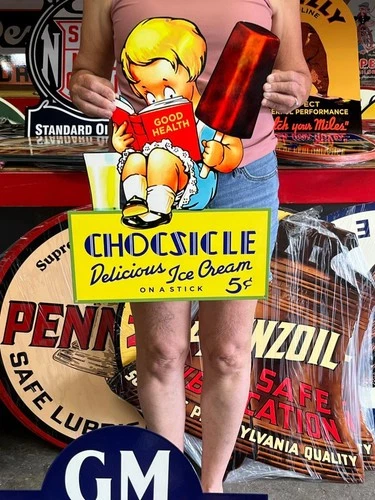 Vintage Old Style Steel Sign Chocsicle Ice Cream NOT Porcelain Made USA 22"x16"