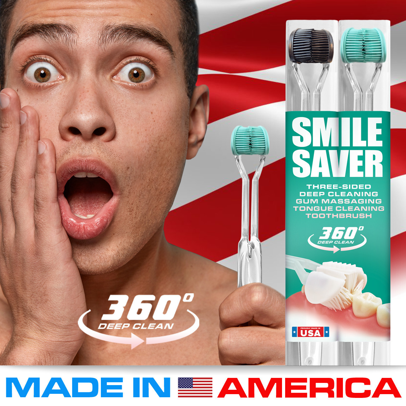 SMILE SAVER 360 3-Sided Toothbrush ~2PK 360 Deep Clean + Gum Massage MADE IN USA