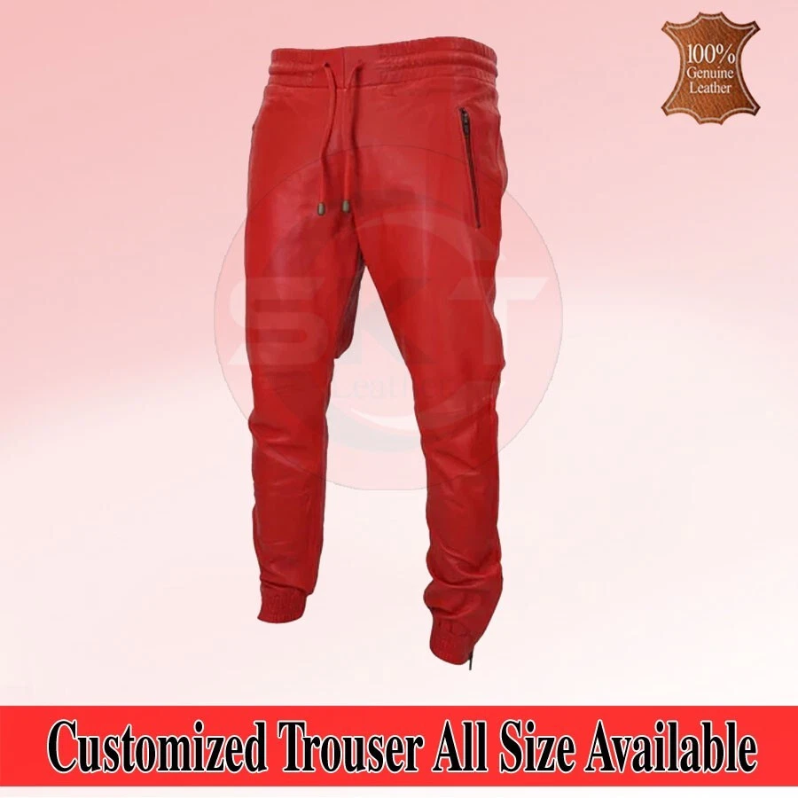 Men's Genuine Leather Soft Red Jogger Pants Jogging Trousers Zip Classic Style