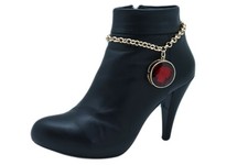 Women Gold Metal Boot Chain Bracelet Heel Shoe Anklet Big Red Bling Bead Charm