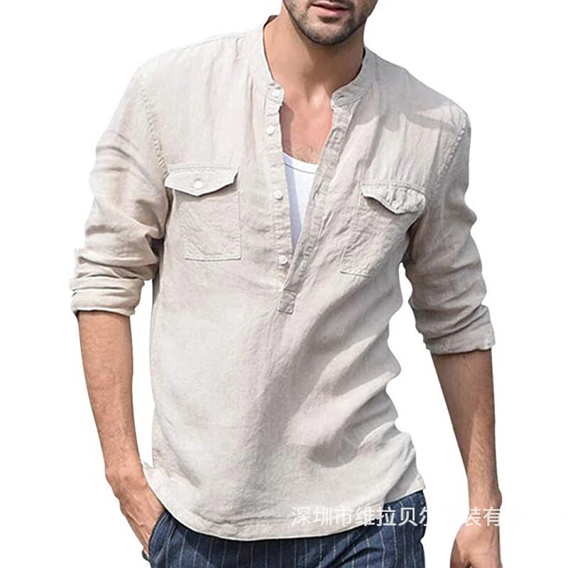 Mens Casual Cotton Linen Blouse Tops Loose Long Sleeve Henley V-Neck T Shirts
Opens in a new window 